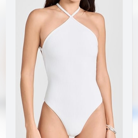 NEW Madewell White Cross Front Halter Neck Ribbed Coastal One-piece Swimsuit L - Picture 1 of 11
